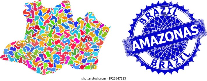 Amazonas State map vector image. Blot collage and distress stamp for Amazonas State map. Sharp rosette blue seal with caption for Amazonas State map.