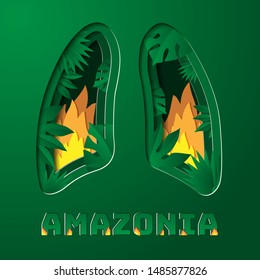 Amazonia rainforest in Brazil is burning . the  lung of the world .  deforestation , environment and ecology . paper style vector illustration .  