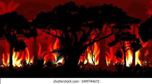 Amazonia rainforest Jungle in Brazil is burning - Seamless Vector Illustration