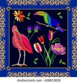 Amazonian birds embroidery. Scarf pattern with ibis, toucan and flowers. Colorful composition with bohemian motifs.