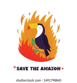 Amazonian forest in fire. Toucan in flame. Vector illustration. Ecological and environmental catastrophe