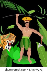 Amazonian indian on jungle background