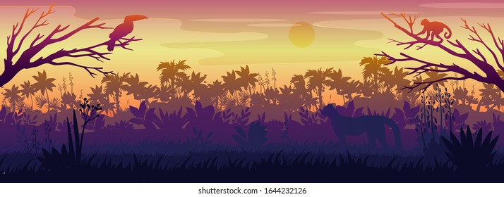 Amazonian landscape with palm trees silhouette, toucan, monkey, panther. Rainforest horizontal panorama with hunting predator. Tropical backlit banner with sunset for backgrounds, advertisements