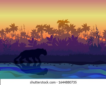 Amazonian landscape with palm trees silhouette, exotic plants, panther on the riverbank. Rainforest view with hunting predator. Tropical backlit banner with sunset for backgrounds, advertisements