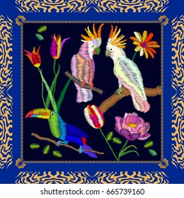 Amazonian parrots embroidery. Silk scarf pattern with cockatoos and flowers. Colorful composition with bohemian motifs.