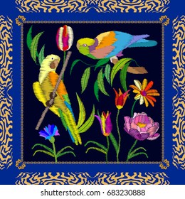 Amazonian parrots embroidery. Silk scarf pattern with tropical birds and flowers. Colorful framed composition with bohemian motifs.