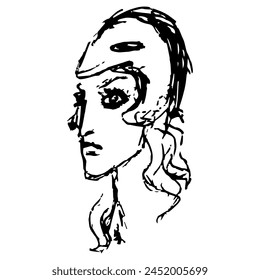 Amazonian queen Penthesilea. Head of a woman warrior in helmet. Athena Pallas. Ancient Greek mythology. Hand drawn linear doodle rough sketch. Black and white silhouette.