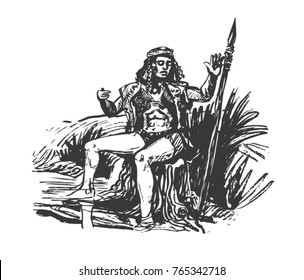 An Amazonian woman is sitting with a spear. Graphic sketch