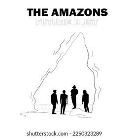 The amazons stencil advertising template black white silhouette people sea scene sketch