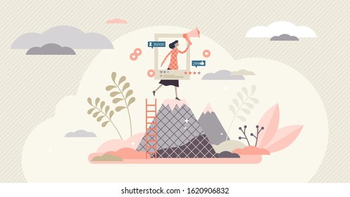 Ambassador program marketing campaign social media activity, flat tiny person concept, vector illustration. Community audience announcement and attracting online attention. Business strategy plan.