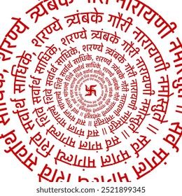 Ambe Maa Mantra in Sanskrit. Navratri festival. Indian Hindi text Navratri Mahotsav with Goddess Durga maa. Translation: All good wishes to Shiva, all the devotees, Sharanye Trimbake Gauri Narayani...