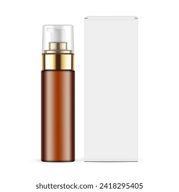 Amber Airless Pump Bottle With Golden Cover And Transparent Cap, Packaging Box. Vector Illustration