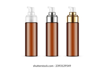 Amber Airless Pump Bottles With Plastic, Metallic, Golden Caps. Vector Illustration