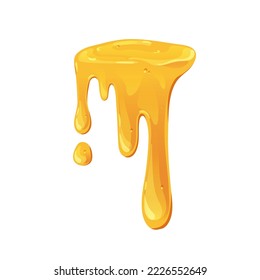 Amber bee honey melting, flowing down. Gold liquid caramel leaking, dripping with sticky streams and sweet drops. Thick sugar syrup. Flat graphic vector illustration isolated on white background