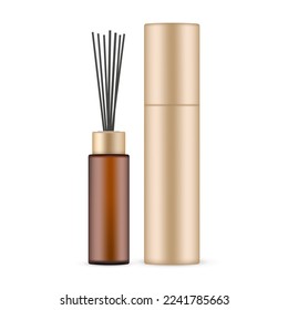 Amber Bottle With Black Aroma Sticks, Cardboard Tube, Reed Diffuser, Isolated on White Background. Vector Illustration