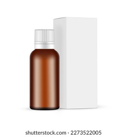 Frasco de ámbar para jarabe para tos, caja de embalaje, aislado en fondo blanco. Ilustración vectorial