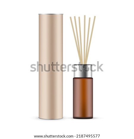 Amber Bottle for Fragrance Diffuser With Wooden Aroma Sticks and Cardboard Tube. Vector Illustration