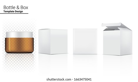 Amber Bottle Jar Transparent Mock up Realistic Cosmetic and Box for Skincare Product or medicine on White Background Illustration. Health Care and Medical Concept Design.