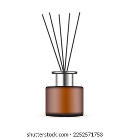 Amber Bottle with Metal Cap For Reed Diffuser, Black Aroma Sticks, Isolated on White Background. Vector Illustration