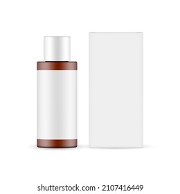 Amber Bottle Mockup with Blank Label and Packaging Box, Isolated on White Background. Vector Illustration