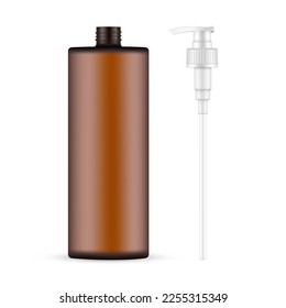 Amber Bottle With Pump Screw Cap, Isolated on White Background. Vector Illustration
