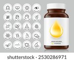 Amber bottle with screw cap mockup with health icons set. Vector illustration. Perfect for health and wellness and medical graphics, this versatile icon set is ideal for health projects. EPS10.