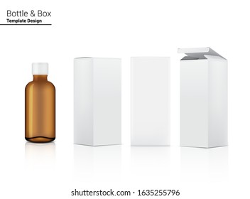 Amber Bottle Transparent Mock up Realistic Cosmetic and Box for Skincare Product on White Background Illustration. Health Care and Medical Concept Design.