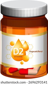 Frasco ámbar de cápsulas de vitamina D2, Ilustración vectorial, etiqueta limpia, colores brillantes, estilo realista