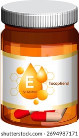 Amber bottle of vitamin E capsules, modern vector style, clean label, white background, flat design