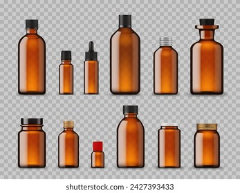 Amber bottles, cosmetic oil and pharmaceutical mockups of brown glass, vector jars. Amber bottles or medicine and pharmacy vials with pipette dropper and black rubber cap for essential oil or syrup
