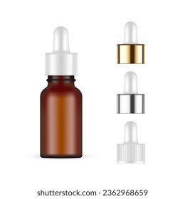 Amber Brown Dropper Bottle Mockup With Plastic, Metallic, Golden Caps, Isolated On White Background. Vector Illustration