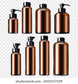 Amber clear glass or plastic cosmetic bottle with black top cap. Realistic mock-up set. Transparent dark brown cylindrical container packaging. Vector mockup kit