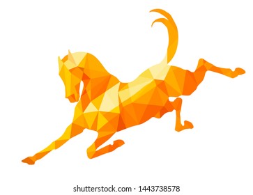amber color, prancing horse, vector-isolated image on a white background in the style of low Poly, the horse is kicking