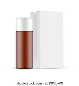Amber Cosmetic Bottle Mockup with Box Side View, Isolated on White Background. Vector Illustration