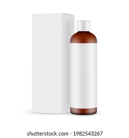 Amber Cosmetic Bottle Mockup with Label and Paper Packaging Box, Isolated on White Background. Vector Illustration
