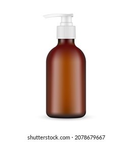 Amber Cosmetic Bottle Mockup with Pump, Isolated on White Background. Vector Illustration