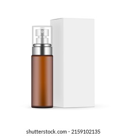 Amber Cosmetic Bottle Mockup With Transparent Cap and Paper Box. Packaging for Perfume or Serum. Vector Illustration