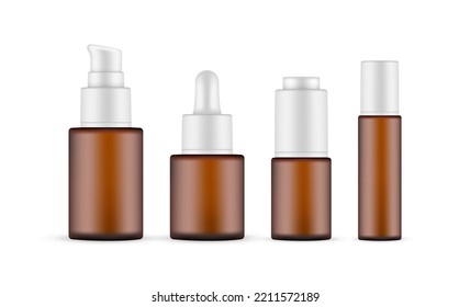 Botellas Cosméticas ámbar montadas, aisladas en fondo blanco. Ilustración vectorial