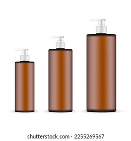 Amber Cosmetic Bottles Set for Shampoo or Lotion, Isolated on White Background. Vector Illustration