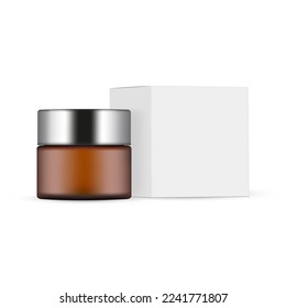 Amber Cosmetic Jar with Metal Cap and Packaging Box Side View, Isolated on White Background. Vector Illustration