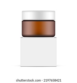 Amber Cosmetic Jar and Square Box, Front View, Isolated on White Background. Vector Illustration