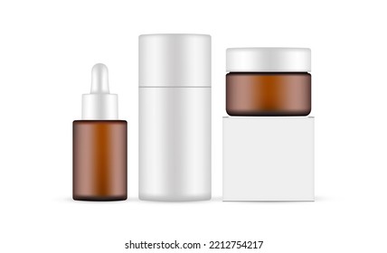 Amber Cosmetic Packaging Mockup. Dropper Bottle With Cardboard Kraft Cylinder Tube, Plastic Jar With Square Box. Vector Illustration