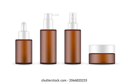 Amber Cosmetic Packaging Mockup: Jar, Dropper, Bottle with Press Pump and Spray. Vector Illustration