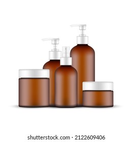 Amber Cosmetic Packaging Mockup: Jar, Bottles with Pump and Spray. Vector illustration