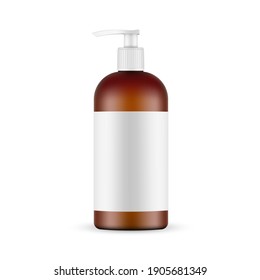 Amber Cosmetic Plastic Pump Bottle Mockup with Label Isolated on White Background. Vector Illustration