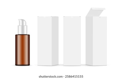 Amber Cosmetic Pump Bottle Mockup With Three Packaging Boxes, Front And Side View. Vector Illustration