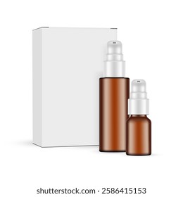 Amber Cosmetic Pump Bottles With Paper Packaging Box Mockup, Isolated On White Background. Vector Illustration