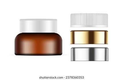 Amber Cream Jar Mockup With Different Caps, Isolated on White Background. Vector Illustration