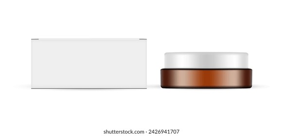 Amber Cream Jar Mockup With Paper Packaging Box, Front View. Vector Illustration