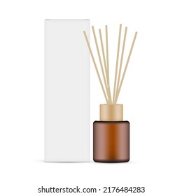 Amber Diffuser Bottle With Wooden Aroma Sticks and Paper Box Mockup, Front View, Isolated on White Background. Vector Illustration